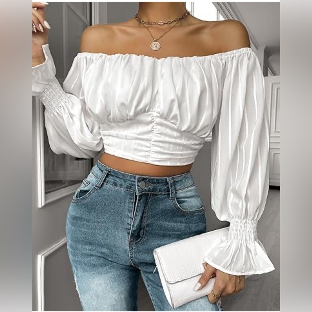 Elegant Off The Shoulder Puff Sleeve Blouse Summer Chiffon Slim Fit
